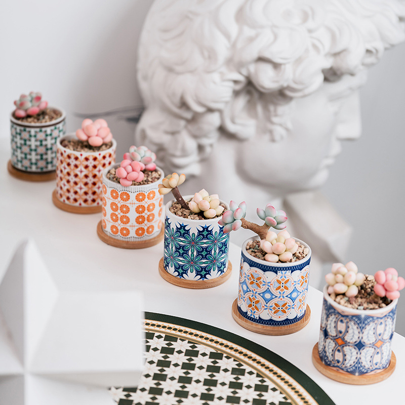 Ghiveci ceramic pentru suculente cu farfurie și decor cu decaluri, stil cadou pentru grădină