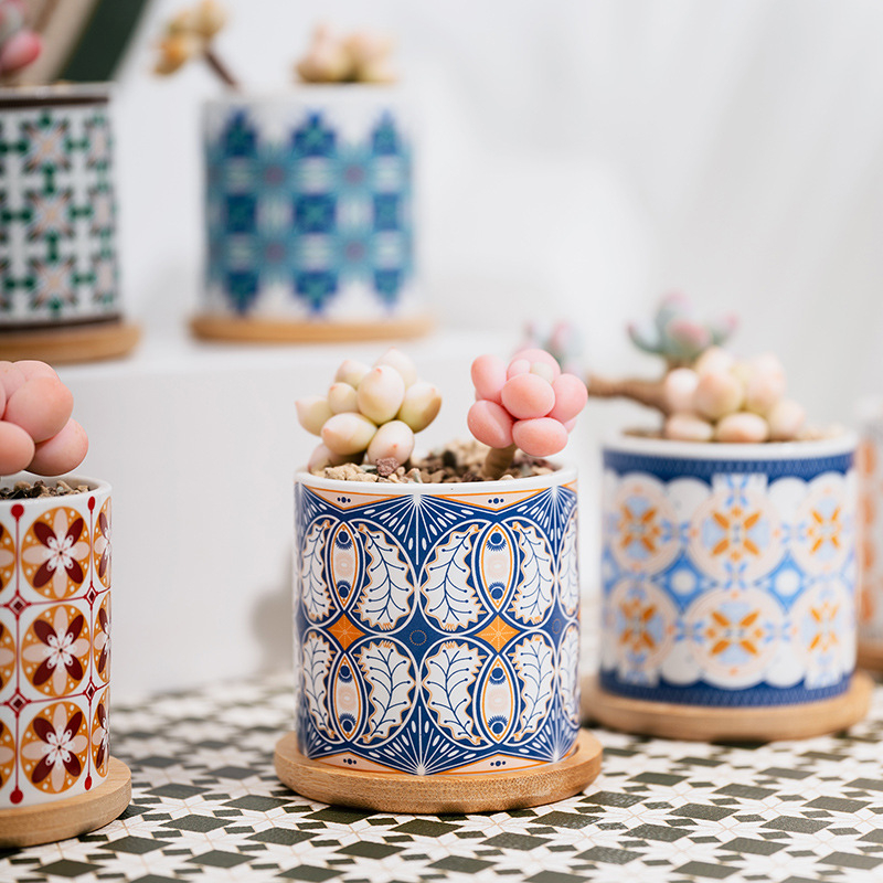 Ghiveci ceramic pentru suculente cu farfurie și decor cu decaluri, stil cadou pentru grădină