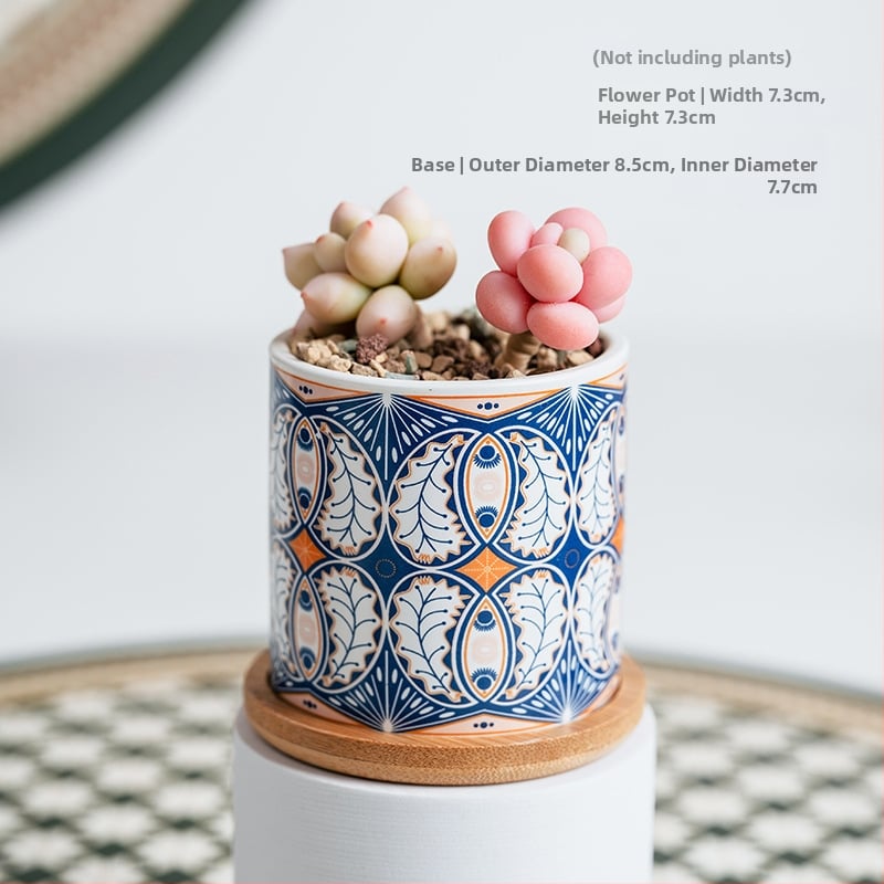 Ghiveci ceramic pentru suculente cu farfurie și decor cu decaluri, stil cadou pentru grădină