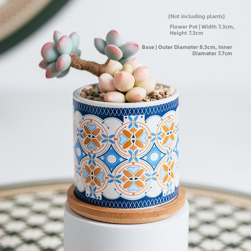 Ghiveci ceramic pentru suculente cu farfurie și decor cu decaluri, stil cadou pentru grădină