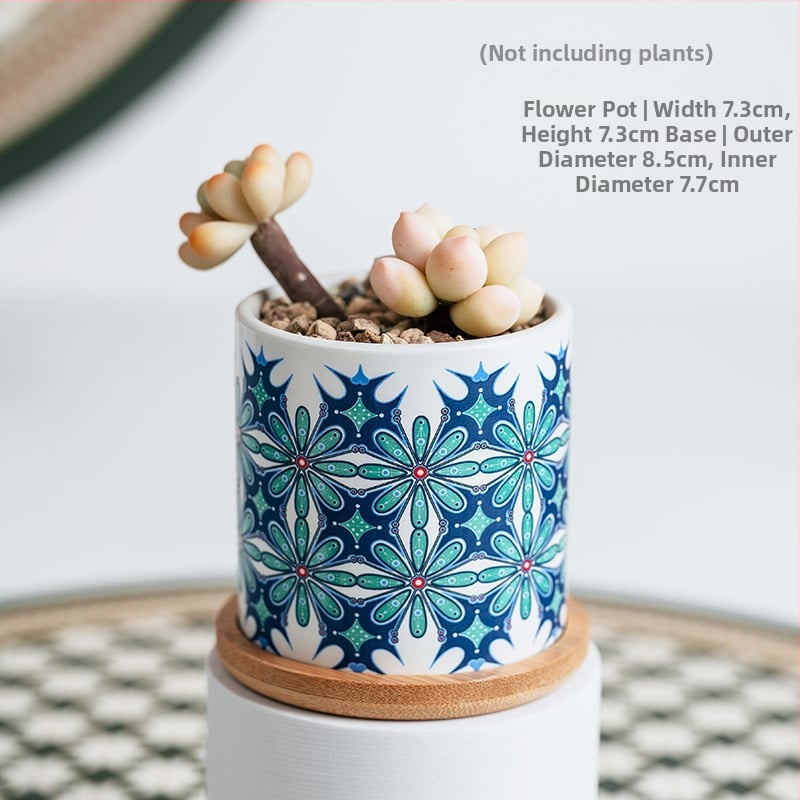 Ghiveci ceramic pentru suculente cu farfurie și decor cu decaluri, stil cadou pentru grădină