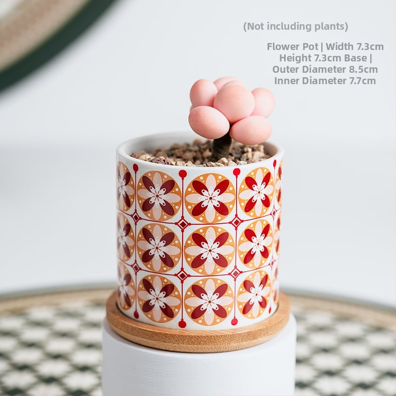 Ghiveci ceramic pentru suculente cu farfurie și decor cu decaluri, stil cadou pentru grădină