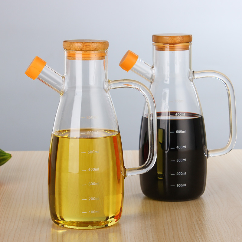 Sticlă de ulei cu mâner mare, scară gradată, capac din bambus, gură din silicon anti-praf, sticlă borosilicat, design etanș