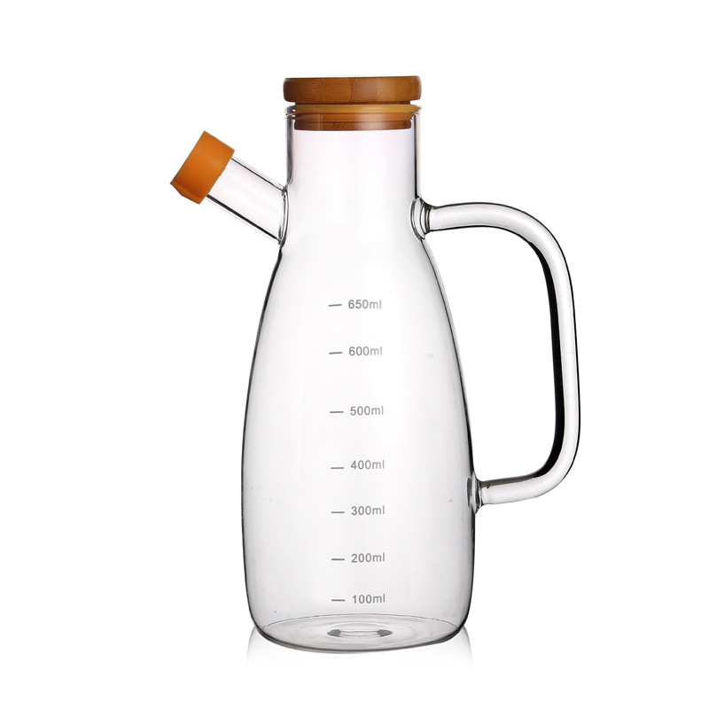 Sticlă de ulei cu mâner mare, scară gradată, capac din bambus, gură din silicon anti-praf, sticlă borosilicat, design etanș