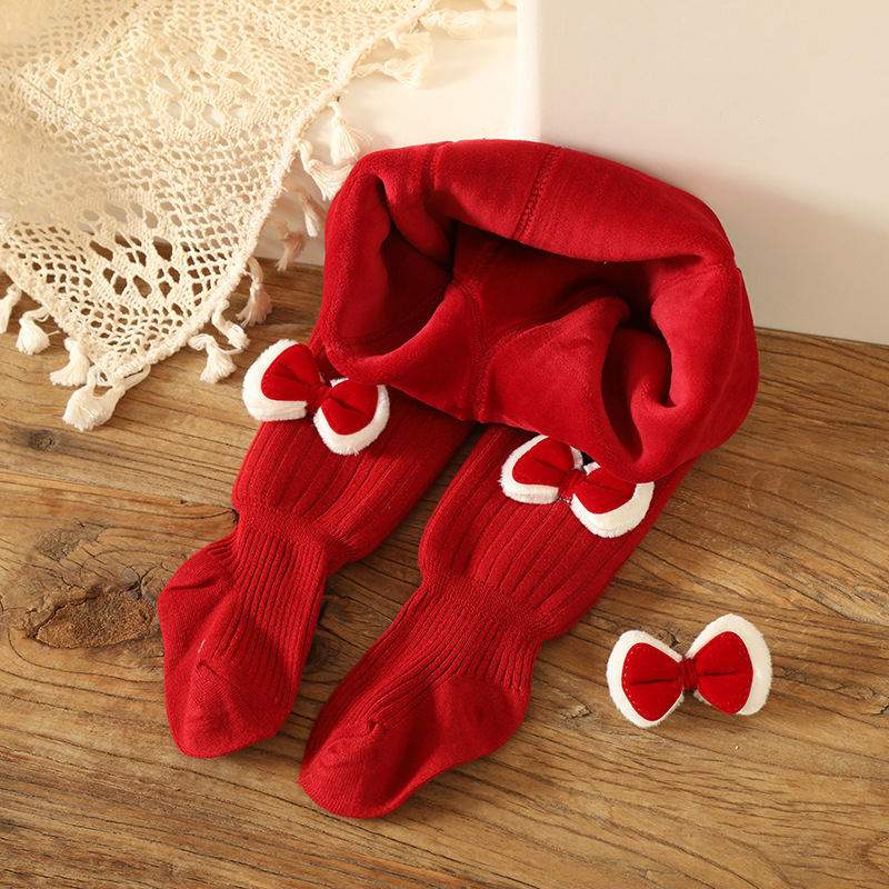 Újévi vörös készlet kislánynak: hajcsat és fleecével bélelt téli leggings