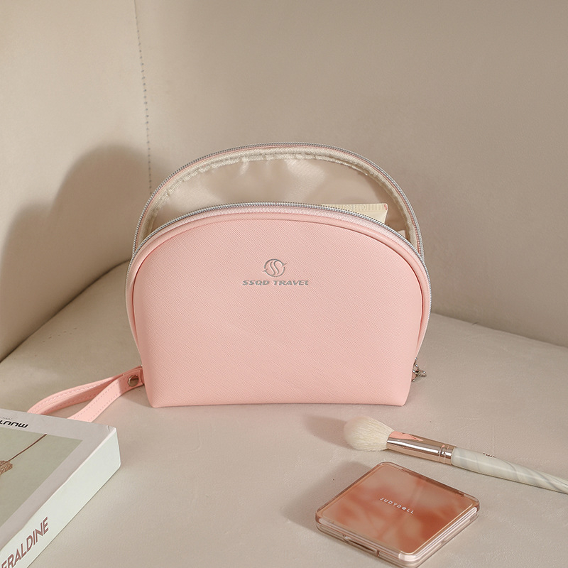 Geantă de cosmetică în formă de scoică, poșetă semicirculară din PU, pentru călătorii, impermeabilă, stil minimalist