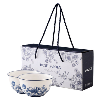 Set de boluri din porțelan cu trandafiri albaștri în cutie cadou, veselă de masă modern minimalistă, 330 ml, lux discret
