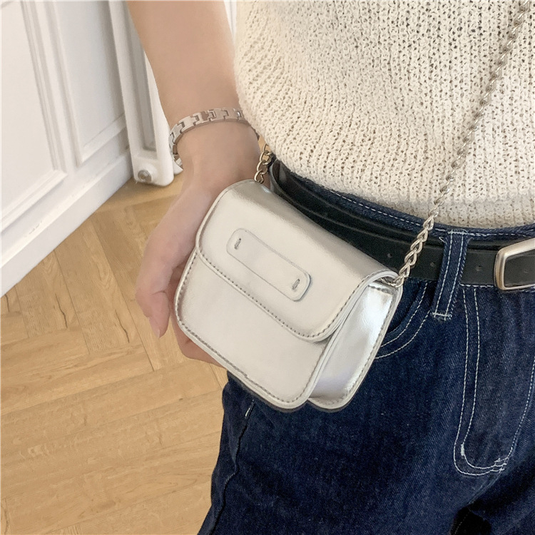 Geantă de umăr argintie pentru femei, mini, stil minimalist, din PU, geantă cu lanț pentru ruj