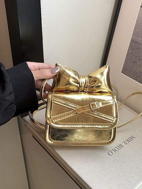 Elegantna ženska mini kvadratna torbica s mašnicom, crossbody, PU patent koža, vintage euroamerički stil, crvena.