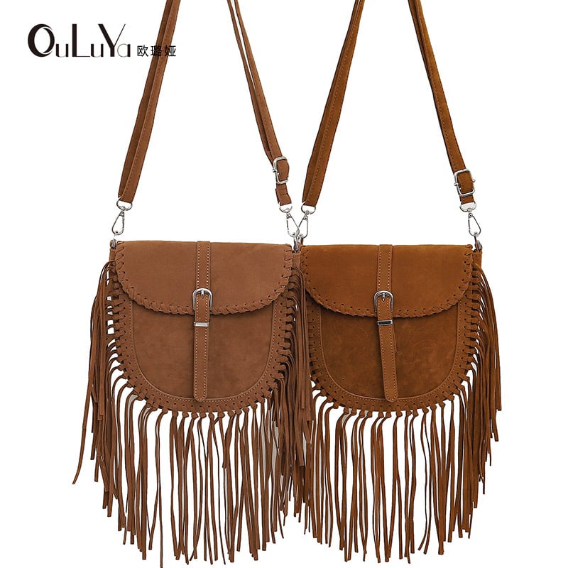 Ručna torba s resicama od umjetnog velura, sedlasta torba za žene, retro etno stil, crossbody s jednom naramenicom