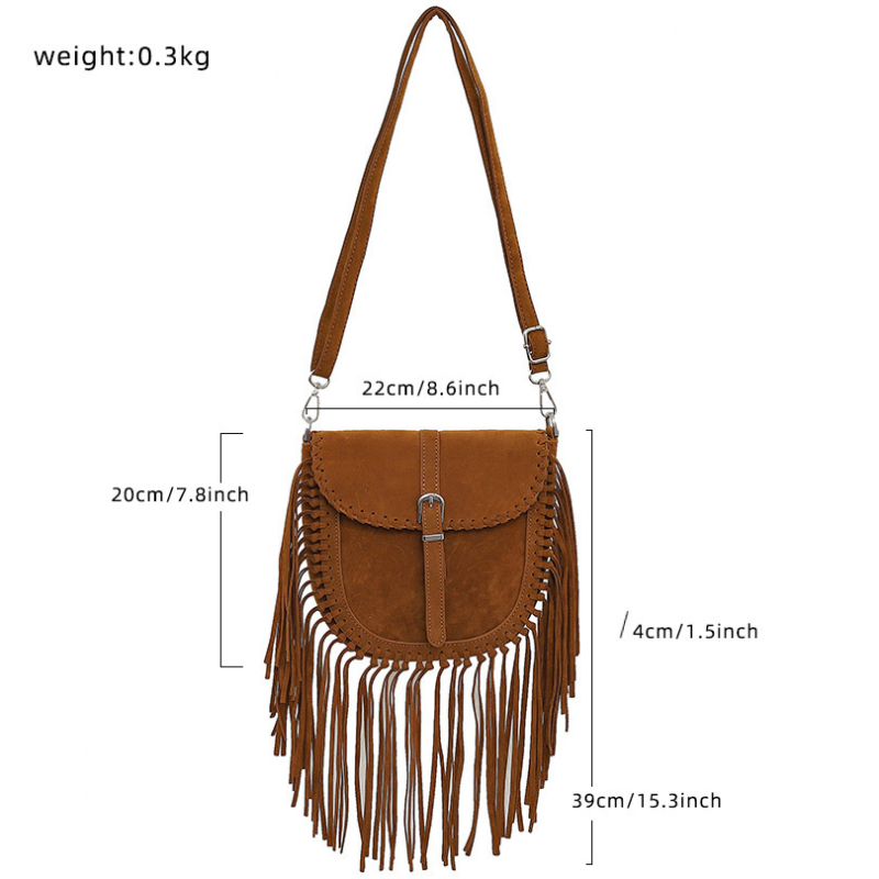 Ručna torba s resicama od umjetnog velura, sedlasta torba za žene, retro etno stil, crossbody s jednom naramenicom