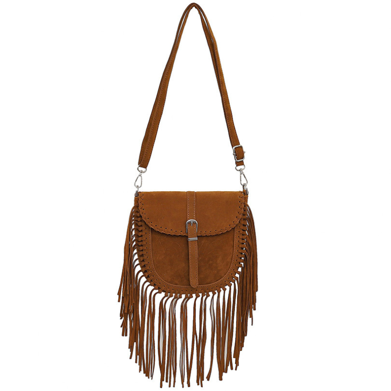 Ručna torba s resicama od umjetnog velura, sedlasta torba za žene, retro etno stil, crossbody s jednom naramenicom