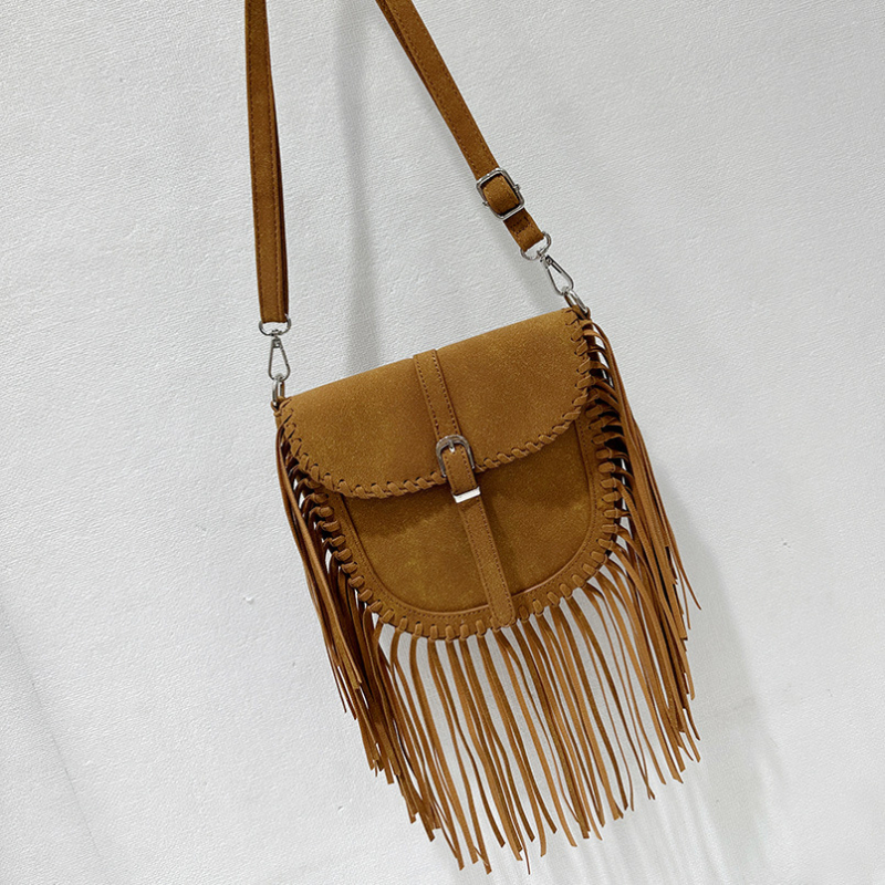 Ručna torba s resicama od umjetnog velura, sedlasta torba za žene, retro etno stil, crossbody s jednom naramenicom