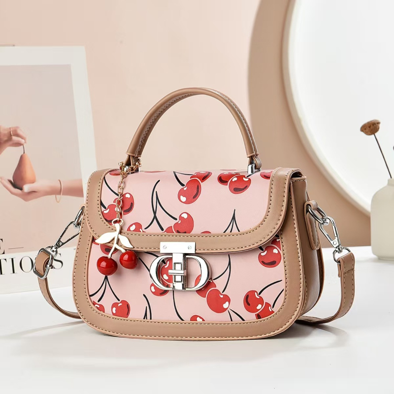 Dzys PU kožna torbica patchwork s printom Little Cherry – dvobojna, crossbody, srednje veličine