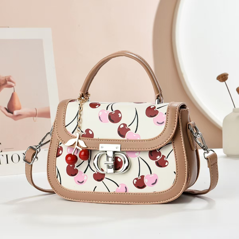 Dzys PU kožna torbica patchwork s printom Little Cherry – dvobojna, crossbody, srednje veličine