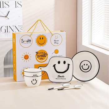 Set de veselă ceramică creativ cu boluri zâmbitoare și farfurii cu mâner