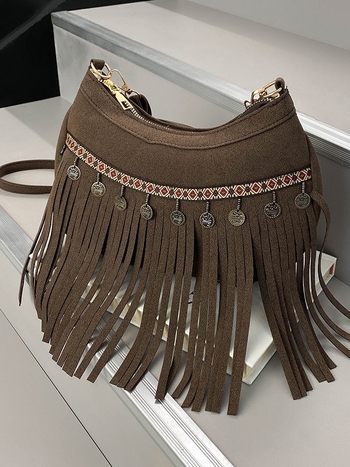 Boemska torbica s resicama za žene, 2025 novi Maillard stil, crossbody torba, retro zapadnjački uzorak sedla