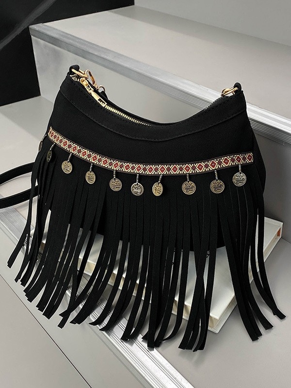 Boemska torbica s resicama za žene, 2025 novi Maillard stil, crossbody torba, retro zapadnjački uzorak sedla