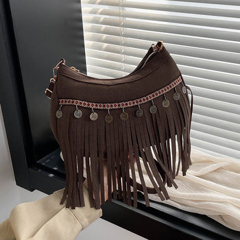 Retro boemska velurska crossbody torbica za žene s resicama