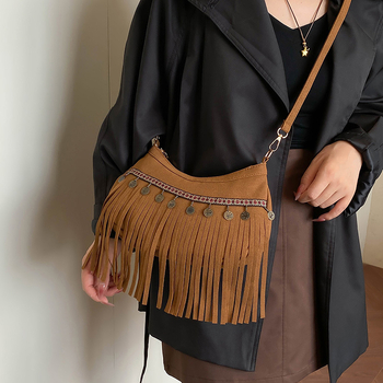 Retro boemska velurska crossbody torbica za žene s resicama