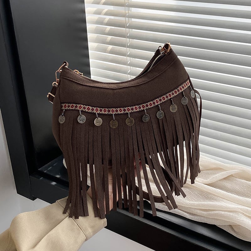 Retro boemska velurska crossbody torbica za žene s resicama