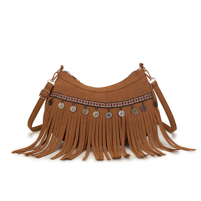 Retro boemska velurska crossbody torbica za žene s resicama