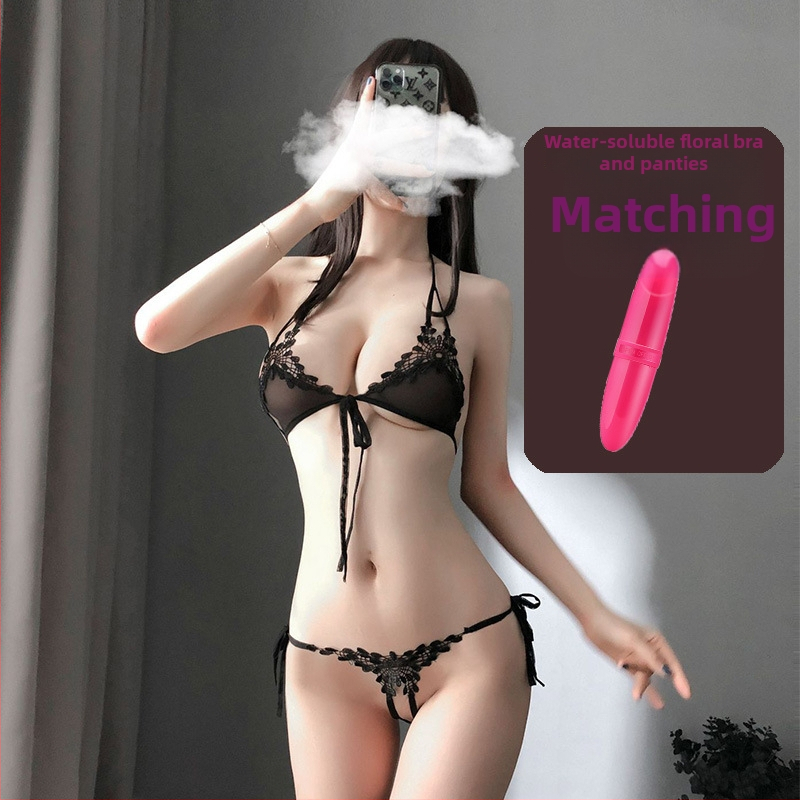 Sexy set spodného prádla: push-up podprsenka s oceľovou výstužou a dizajnom s tromi bodmi, otvorené nohavičky, sieťovina s kvetinovým vzorom, zvodné nočné oblečenie