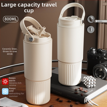 Termos cu interior ceramic din oțel inoxidabil 316, capacitate mare, portabil, cană de cafea unisex cu pai