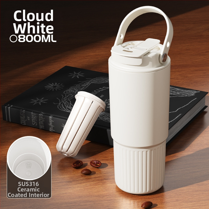 Termos cu interior ceramic din oțel inoxidabil 316, capacitate mare, portabil, cană de cafea unisex cu pai