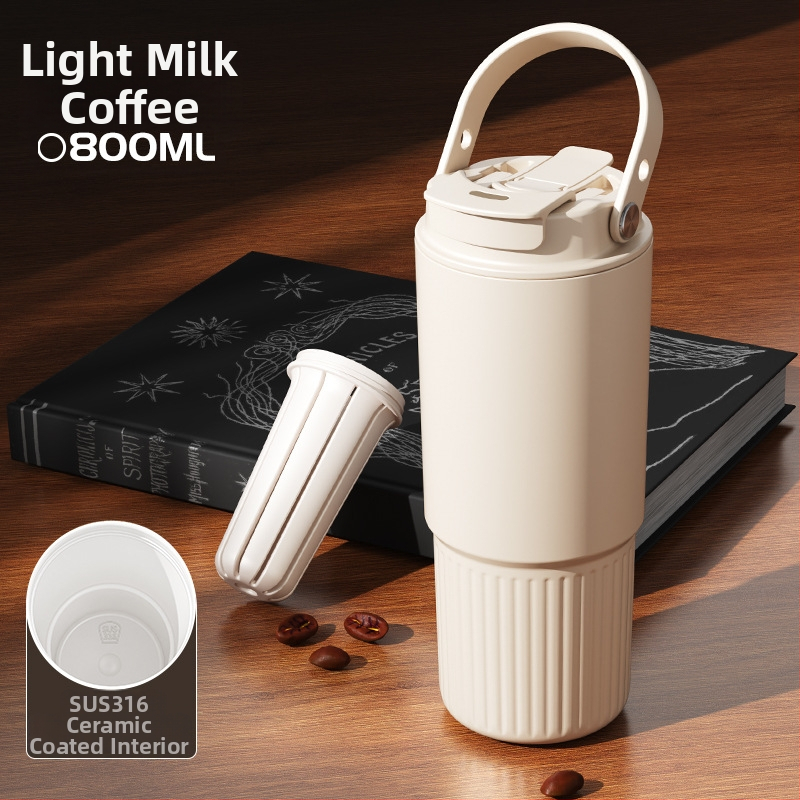 Termos cu interior ceramic din oțel inoxidabil 316, capacitate mare, portabil, cană de cafea unisex cu pai