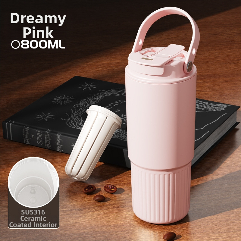 Termos cu interior ceramic din oțel inoxidabil 316, capacitate mare, portabil, cană de cafea unisex cu pai