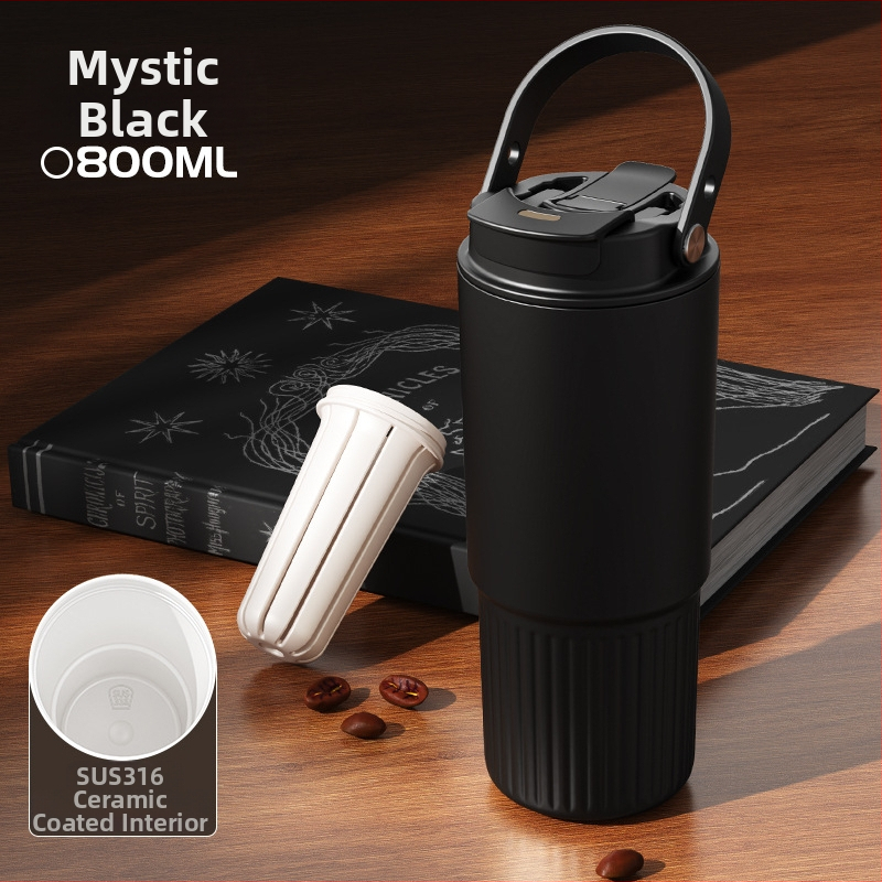 Termos cu interior ceramic din oțel inoxidabil 316, capacitate mare, portabil, cană de cafea unisex cu pai