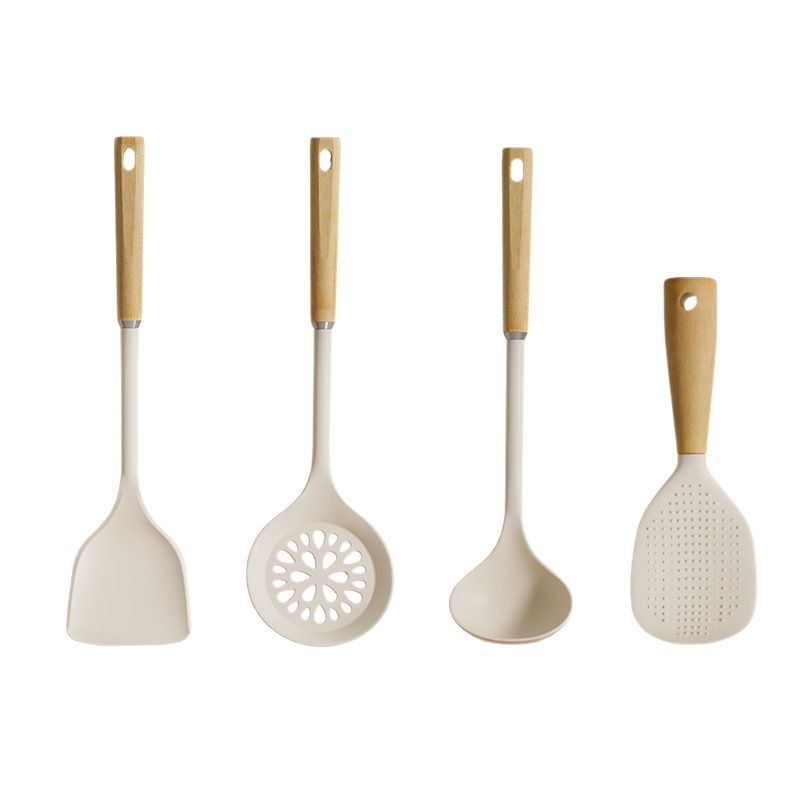 Set spatule din silicon, de înaltă temperatură, cu mânere din lemn, pentru bucătărie antiaderentă — lingură de supă și lingură de orez