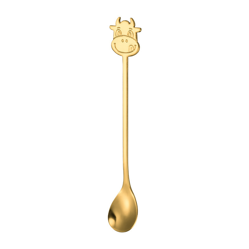 Lingură mică placată cu aur, cap de taur din zodiacul chinezesc, oțel inoxidabil 410, vârf rotund, pentru desert, prăjituri și cafea