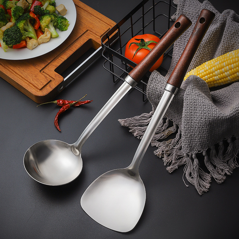 Set spatule și linguri din oțel inoxidabil 304, cu mânere din lemn, protecție împotriva arderilor, ustensile de bucătărie durabile