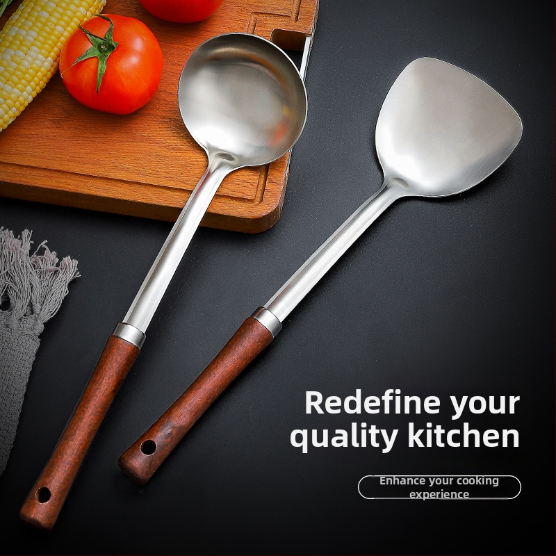 Set spatule și linguri din oțel inoxidabil 304, cu mânere din lemn, protecție împotriva arderilor, ustensile de bucătărie durabile