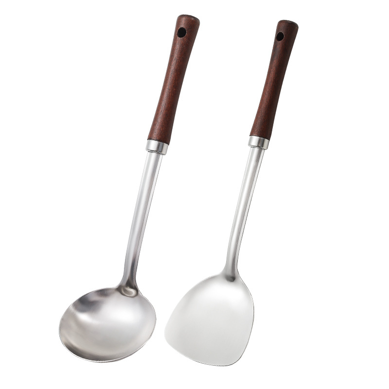 Set spatule și linguri din oțel inoxidabil 304, cu mânere din lemn, protecție împotriva arderilor, ustensile de bucătărie durabile
