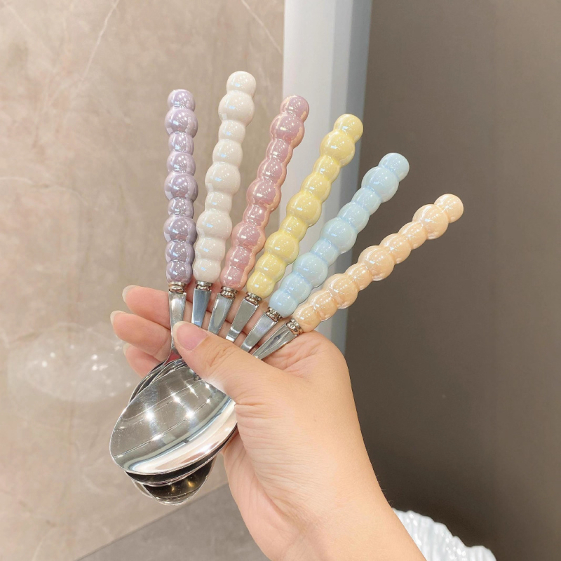 Set linguri cu perlă, din oțel inoxidabil 304 și ceramică, linguri principale pentru masă, linguri colorate pentru fructe, stil de vară