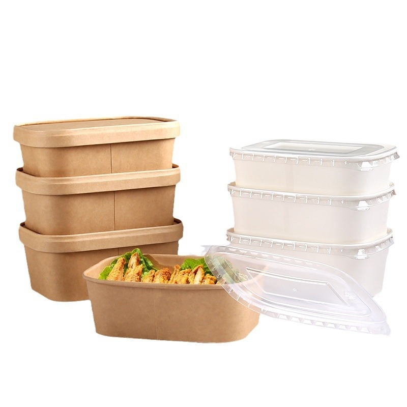 Vas de hârtie de unică folosință din Kraft, dreptunghiular, cu cutie de ambalare robustă pentru livrare, picnic și salată