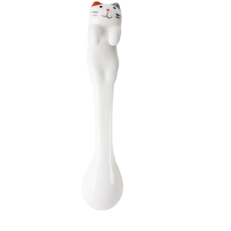 Lingură ceramică pictată manual, cu design de pisică tridimensional, motiv de agățare