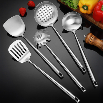 Set de ustensile din oțel inoxidabil 304: spatulă, lingură de supă, lingură cu găuri și strecurătoare pentru tigăi antiaderente