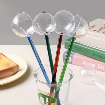 Lingură din sticlă borosilicată cu mâner lung, rezistentă la temperaturi înalte, pentru amestecare și asezonare, colorată, stil modern