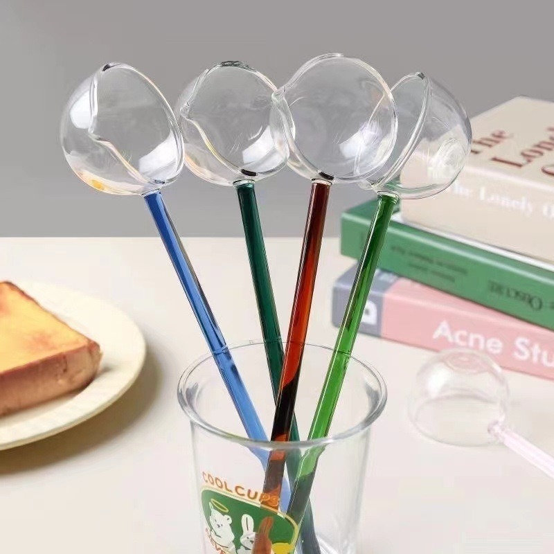 Lingură din sticlă borosilicată cu mâner lung, rezistentă la temperaturi înalte, pentru amestecare și asezonare, colorată, stil modern