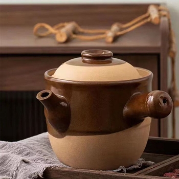 Oală veche de medicină din ceramică de tip stoneware, pentru decoctarea plantelor medicinale, potrivită pentru foc mic pe aragaz cu gaz