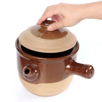 Oală veche de medicină din ceramică de tip stoneware, pentru decoctarea plantelor medicinale, potrivită pentru foc mic pe aragaz cu gaz
