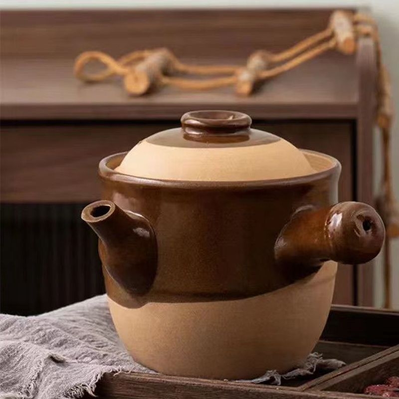 Oală veche de medicină din ceramică de tip stoneware, pentru decoctarea plantelor medicinale, potrivită pentru foc mic pe aragaz cu gaz