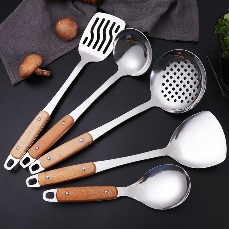 Set spatulă și strecurătoare din oțel inoxidabil, fără magnet, cu mâner din lemn, spatulă mare pentru gătit și lingură