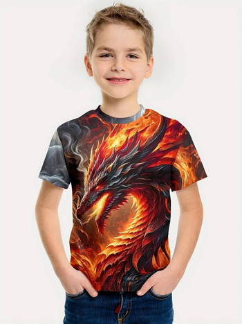 Gyerekeknek Dragon sorozat 3D nyomtatású póló – rövid ujjú, nyár, poliészter, légáteresztő