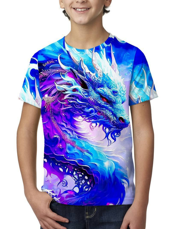 Gyerekeknek Dragon sorozat 3D nyomtatású póló – rövid ujjú, nyár, poliészter, légáteresztő
