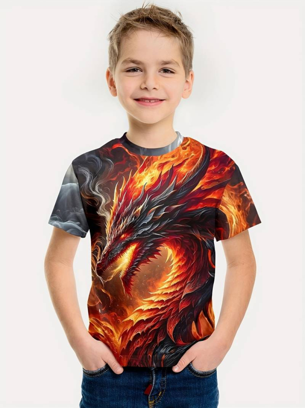 Gyerekeknek Dragon sorozat 3D nyomtatású póló – rövid ujjú, nyár, poliészter, légáteresztő